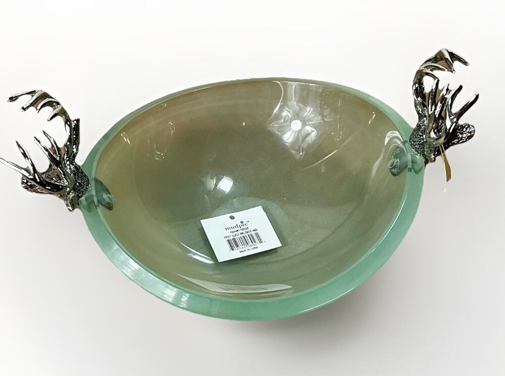 Mud Pie Green Glass Bowl Double Handle Stag Heads w/ SILVER Tone Antlers/ Deer